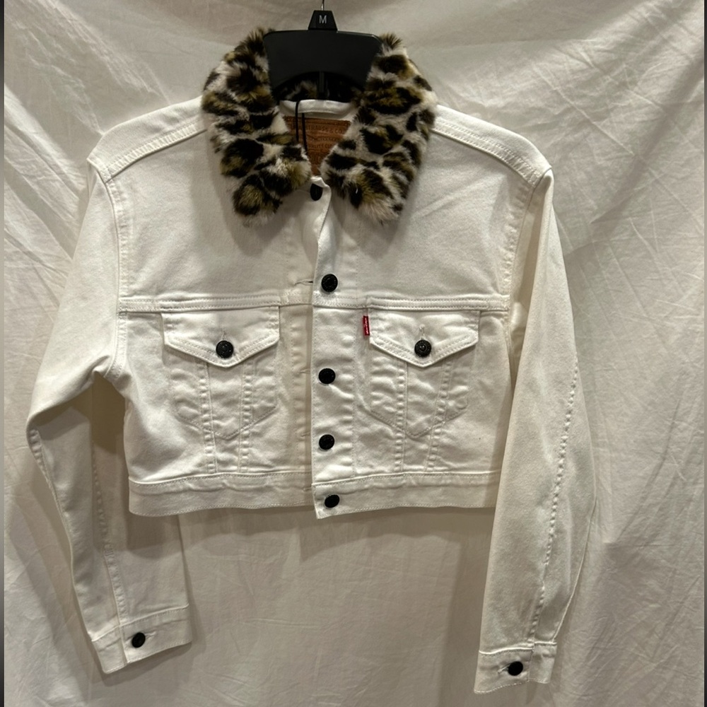 Levi's White Jacket with Cheetah Print Collar